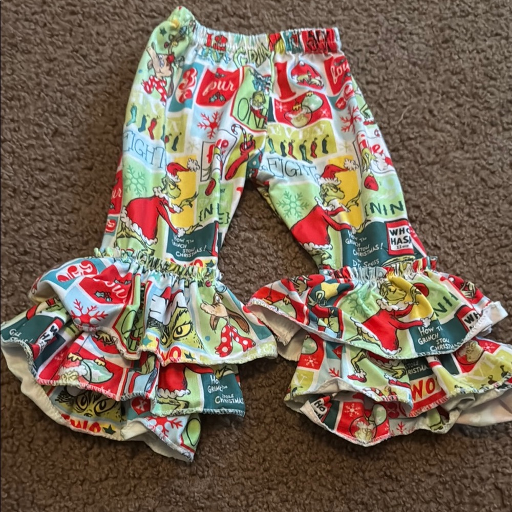 Colorful Kids Grinch Christmas Leggings with Ruffle Hem
